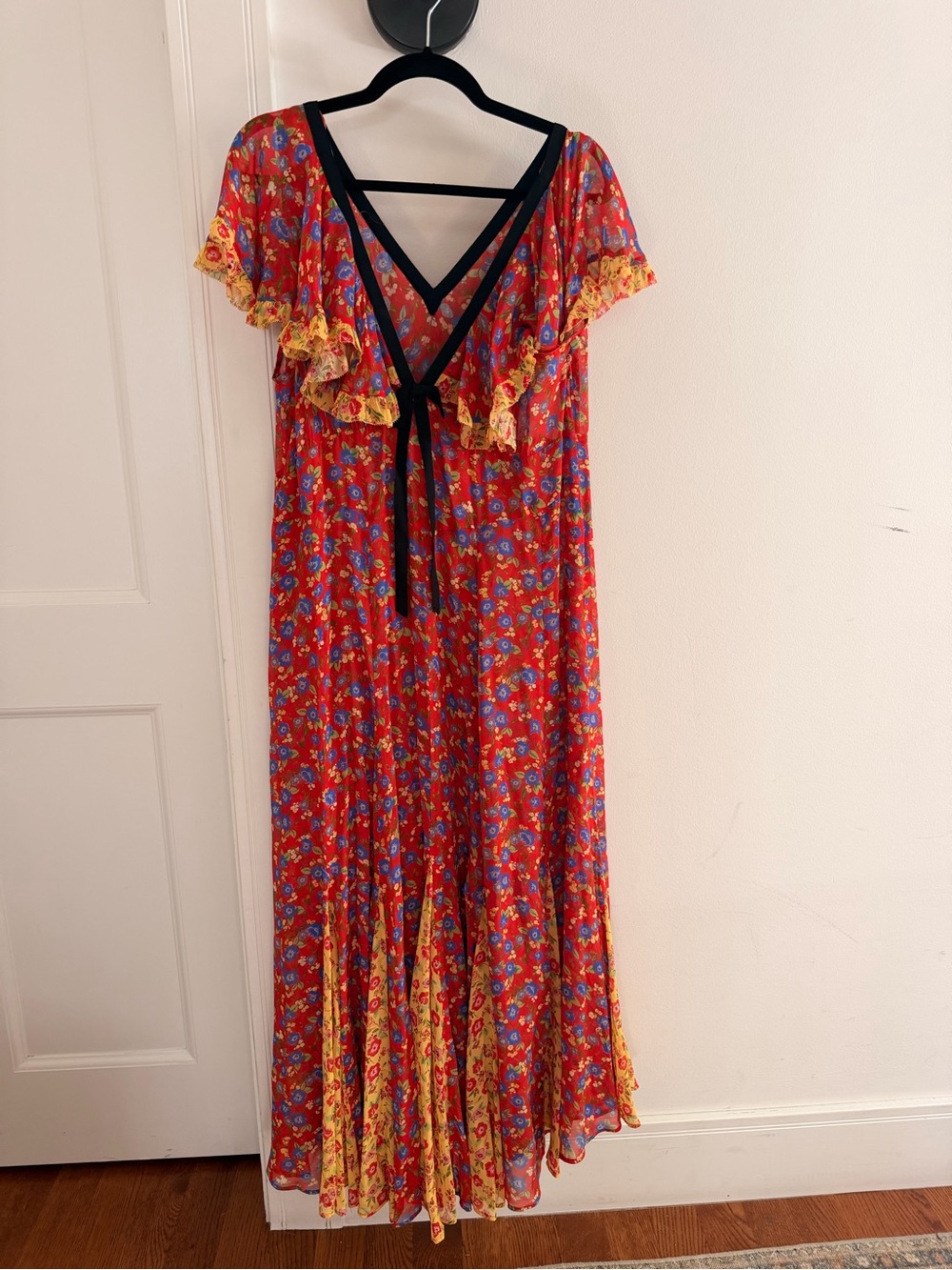 Doen Red Floral Maxi Dress with Black Trim